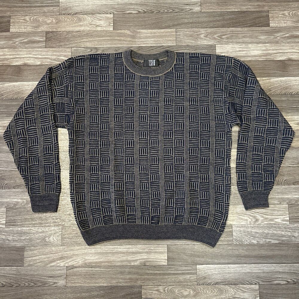 Vintage TSR Abstract Knit Sweater Men’s Large Geometric Textured Hipster 90s